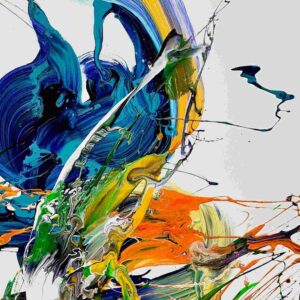 Abstraktes Kunstwerk ‘Dancing in the Rain’ – blaue, grüne und orange Schwünge mit Spritzern