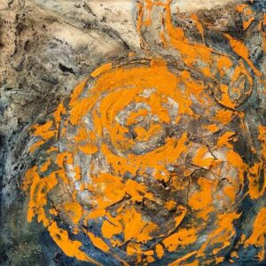 Abstrakte florale Mischtechnik in Orange, Weiß und Gelb – energiegeladen und verspielt