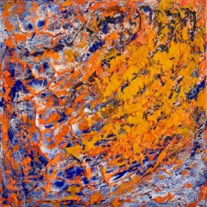 Sommerliches Bild in Mischtechnik in leuchtenden Farben – Pink, Orange und Gelb in Bewegung