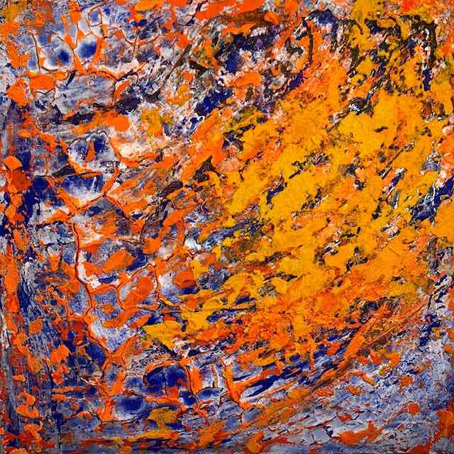 Sommerliches Bild in Mischtechnik in leuchtenden Farben – Pink, Orange und Gelb in Bewegung