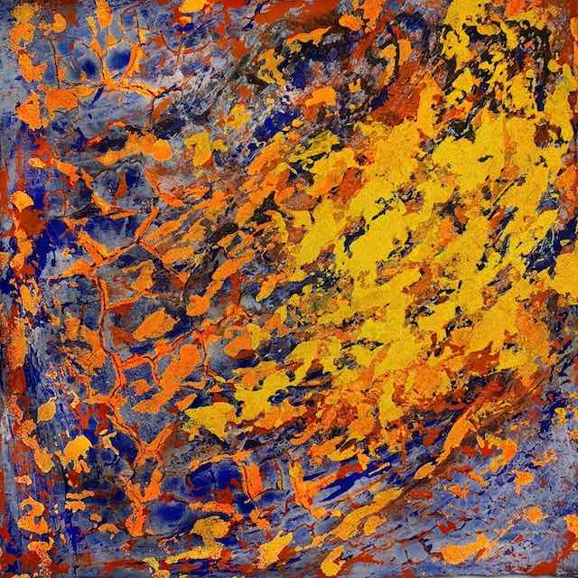 Sommerliches Bild in Mischtechnik in leuchtenden Farben – Pink, Orange und Gelb in Bewegung