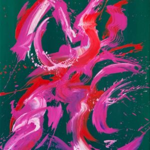 ‘Comic Dancer I No. 2’ – abstrakte pinke Figur in Öl auf grünem Hintergrund