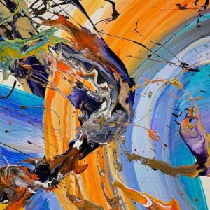 Abstraktes Gemälde ‘Happiness’ in Orange und Blau – Originalkunst von Claudia Botz