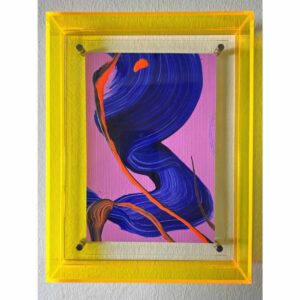 Abstraktes Gemälde Soft and Easy mit gelbem Acrylrahmen, dynamische Farbkomposition in Blau und Orange, farbenfrohe Kunst für positive Stimmung